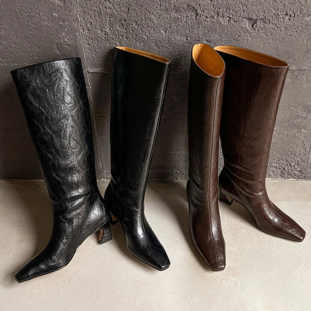 Women’s Genuine Leather Knee-High Boots – 5.5cm Thin Heel, Square Toe Slip-On Autumn Long Boots