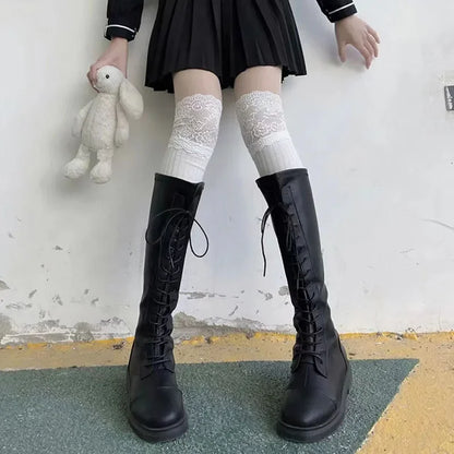 Women’s Autumn/Winter Thigh-High Lace Socks – Cute Lolita Long Leg Stockings Black & White, Boot Accessories for Girls