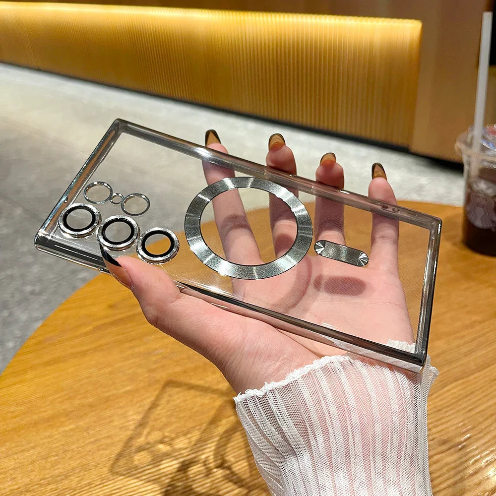 Luxury Laser Magnetic Wireless Charging Silicone Clear Cover for Magsafe: Samsung Galaxy S24 S23 S22 S21 Ultra Plus FE Case