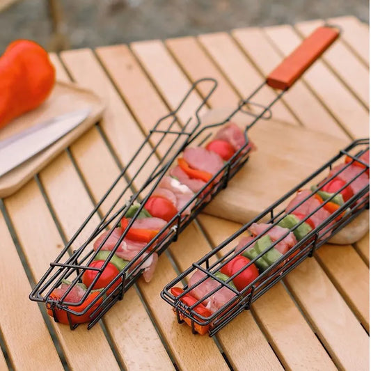 Wooden Handle Outdoor Barbecue Cage - Camping Meat and Vegetable BBQ Net Rack, Ideal Picnic Barbecue Tools