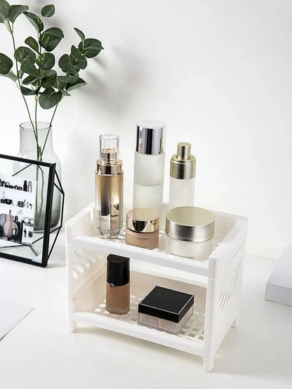 PP Desktop Double Layer Storage Rack: Rectangular White Organizer for Student Desks, Offices, Cosmetics, and Stationery