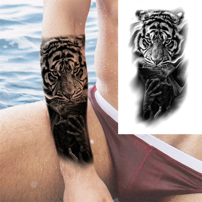 Full Arm Temporary Tattoo Sleeve - Realistic Warrior Lion Tiger Flower & Maori Design Fake Tattoos