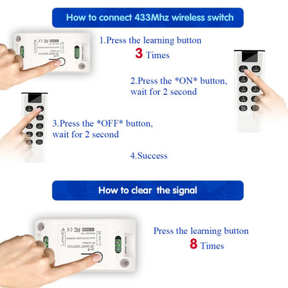 Wireless RF 433MHz Remote On/Off Light Switch Controller, AC 220V 10A Relay for Ceiling Lamp, LED, and Fan Smart Home Control