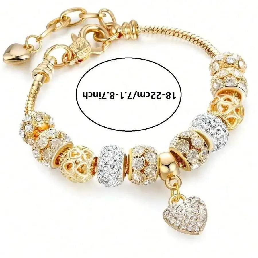 Obega Love Heart Flower Glass Pendant Charm Bracelet – Adjustable Pink & White Crystal Stone Bead Bracelet in Silver/Gold