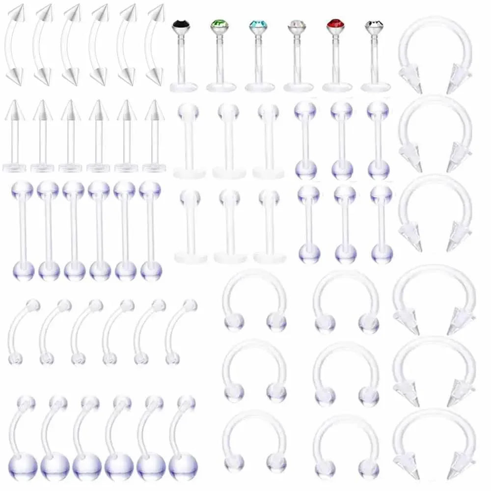 10/60PCS Clear Acrylic Body Jewelry – Transparent Lip, Ear, Nose, Tongue, Eyebrow & Belly Rings