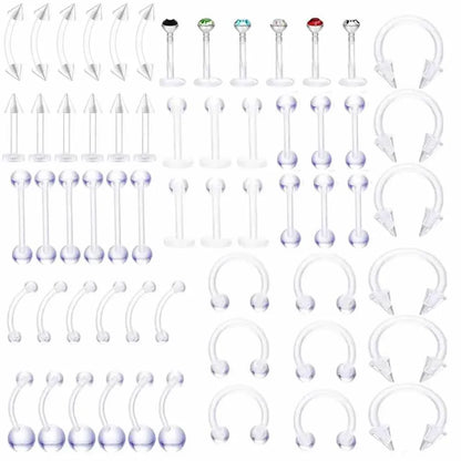 10/60PCS Clear Acrylic Body Jewelry – Transparent Lip, Ear, Nose, Tongue, Eyebrow & Belly Rings