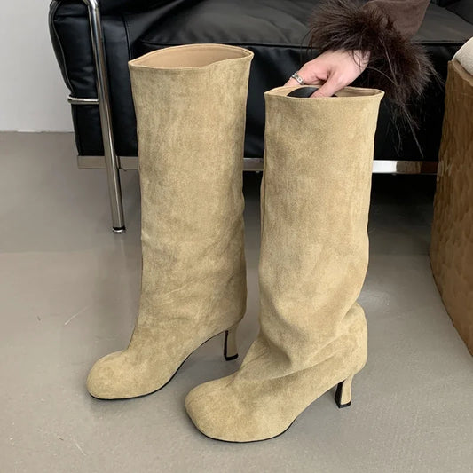 Eilyken Winter Street Style Knee-High Boots – Round Toe, Punk Thin High Heels, Fashionable Women's Long Booties