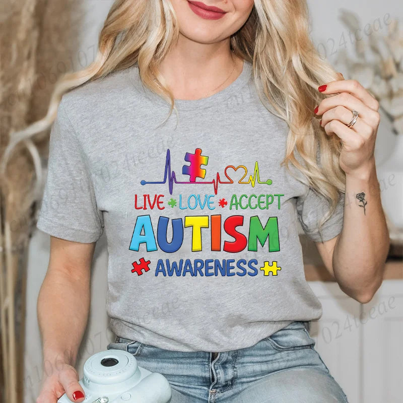 Women’s Live Love Accept Autism Awareness T-Shirt – Graphic Y2K Summer Top for Autism Awareness Month
