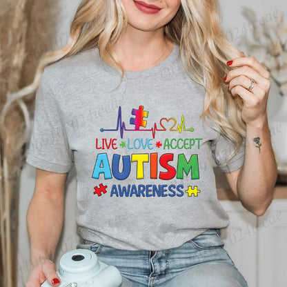 Women’s Live Love Accept Autism Awareness T-Shirt – Graphic Y2K Summer Top for Autism Awareness Month