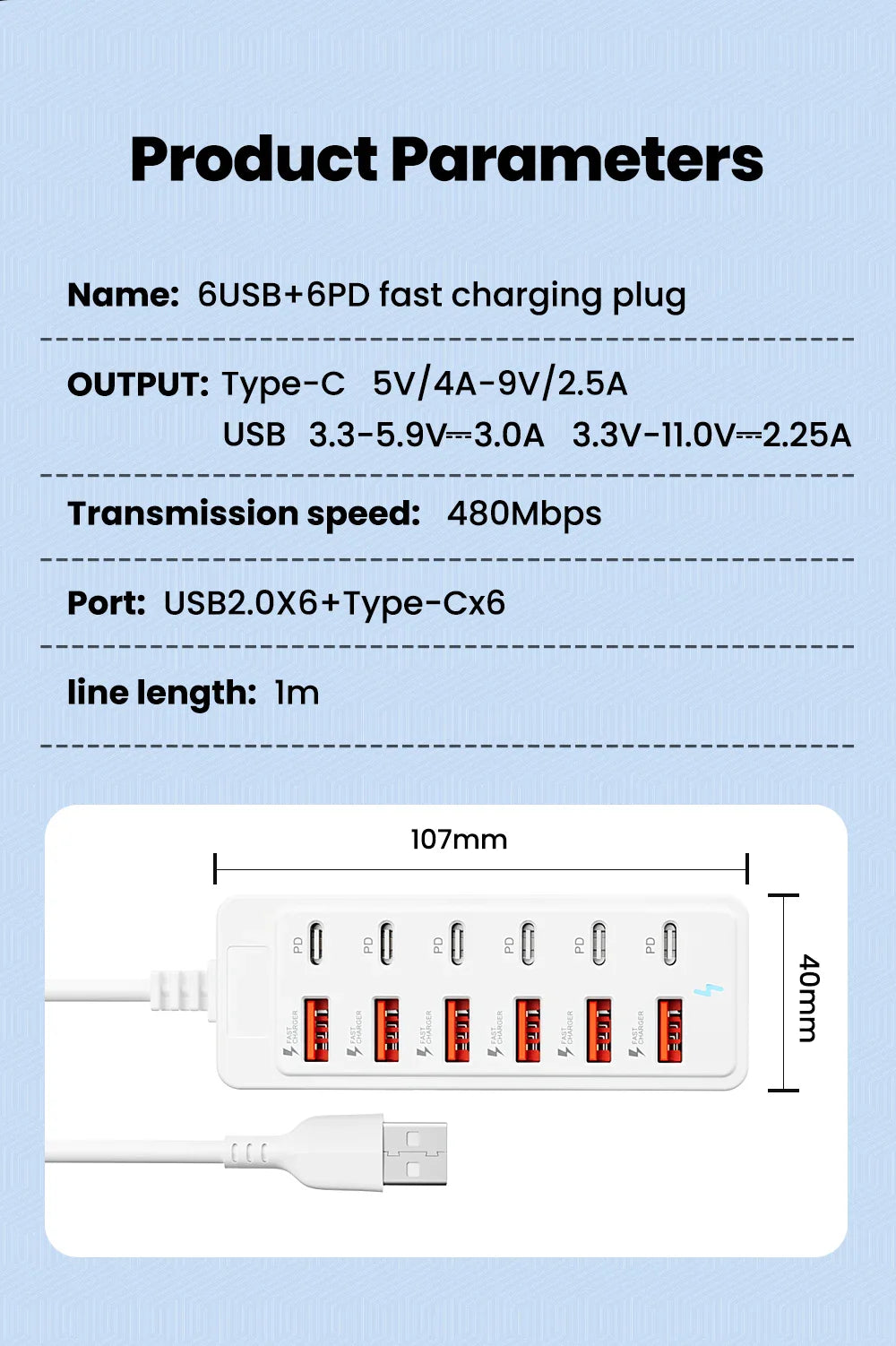 12-in-1 Power Strip & USB Charger Station — Multi-Port Wall/Desktop Adapter with USB-C Fast Charging for iPhone & Samsung