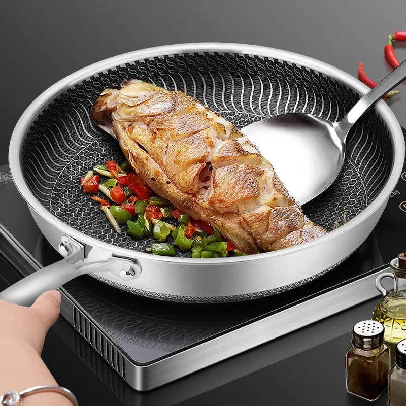 Tri-Ply 316 Stainless Steel Wok Pan with Double-Sided Honeycomb Skillet - Suitable for All Stoves