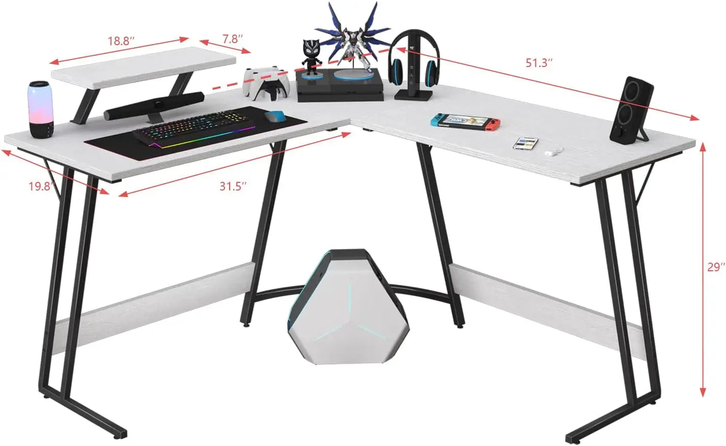 PC Gaming Desk with Large Monitor Riser – L-Shaped Corner Desk, Sturdy Writing Workstation for Office & Computer