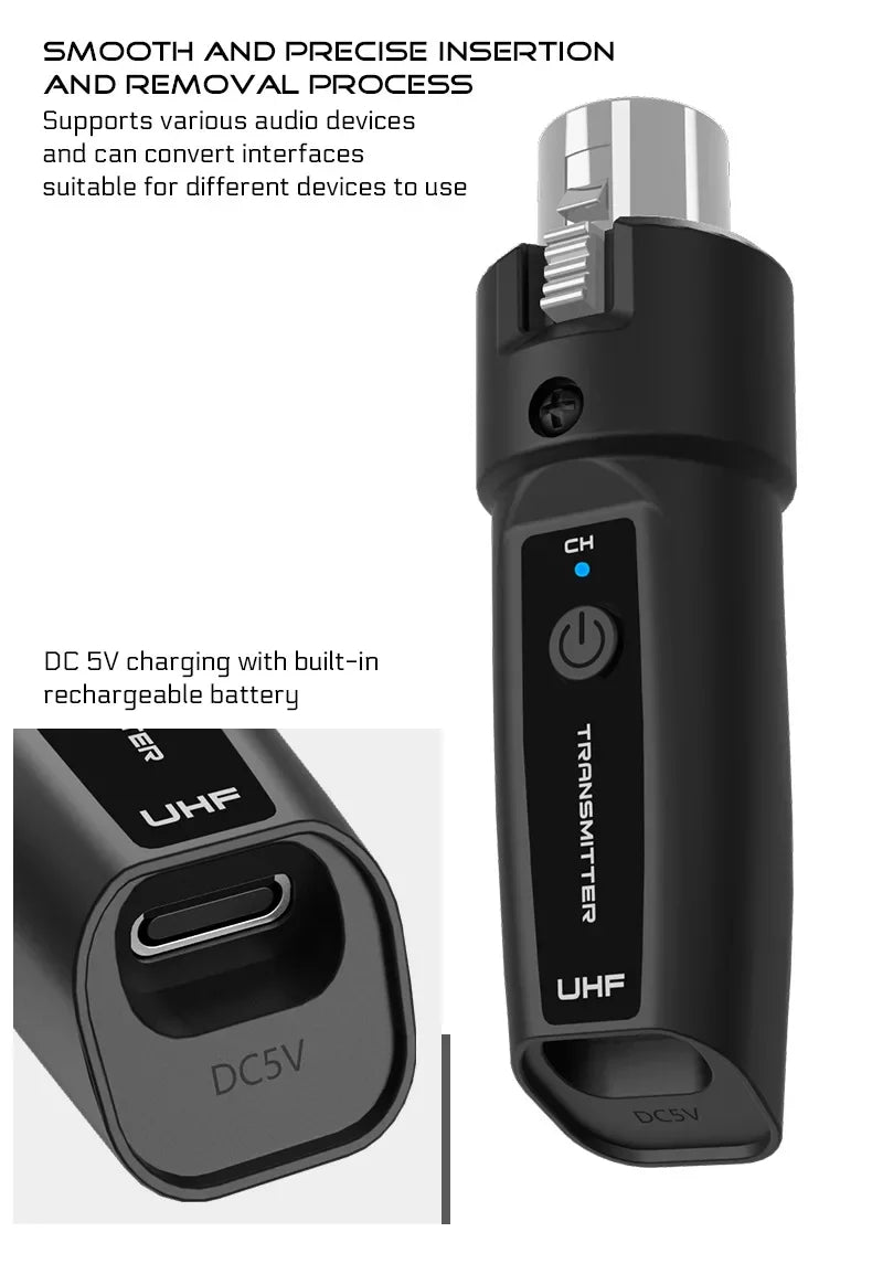 UHF Wireless Microphone Adapter – XLR Transmitter & Receiver for Dynamic Mics, Guitar, Audio Mixer & PA System