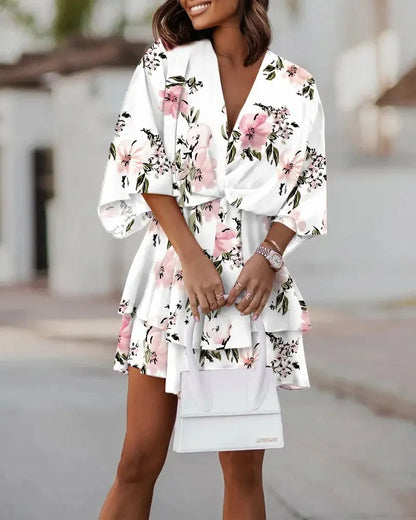 Women’s Sexy V-Neck Ruffle Mini Dress – Summer Boho Floral Batwing Sleeve Beach Party Dress