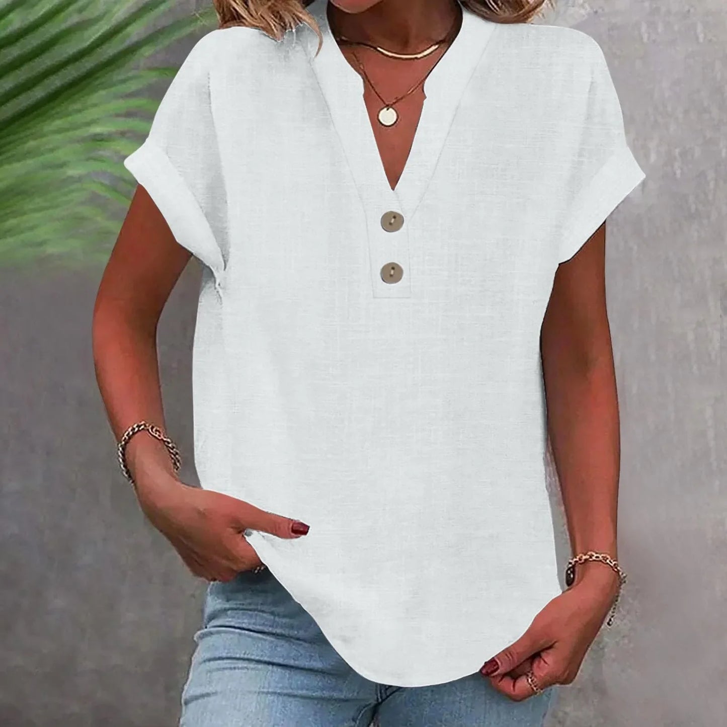 Women’s Summer Cotton Linen V-Neck Button Down Shirt – Breathable Casual Office Top in Solid Colors