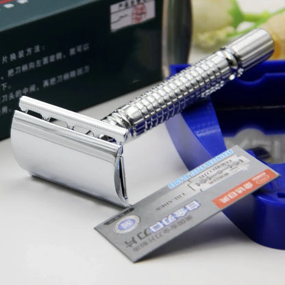 Men's Shaving Razor with Blade – Silver Folding Straight Razor, Stainless Steel Facial Hair Shaving Knife and Holder. Barber Tools