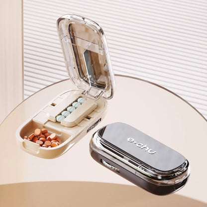 Portable Pill Cutter & Storage Box with Divider, Dustproof Medicine Organizer and Crusher – Latest Quartering Design