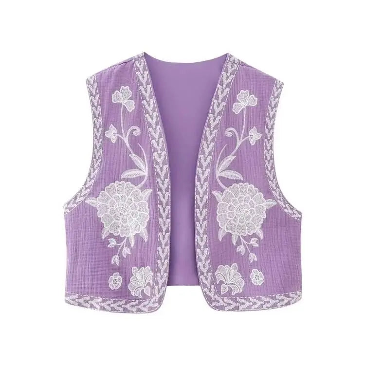 KEYANKETIAN Women's Vintage Floral Embroidered Open Waistcoat – National Style Vest Jacket, Casual Vacation Crop Top
