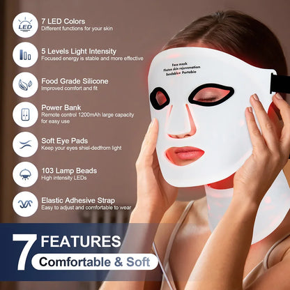 Silicone LED Mask with Neck – 7-Color Photon Red Light & Infrared Therapy, Flexible Wireless Facial Skin Repair Mask
