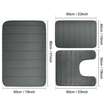 Non-Slip Grey Memory Foam Bath Mat Set – Soft, Water Absorbent, Quick-Drying, Machine Washable Bathroom Rugs for Home Floor