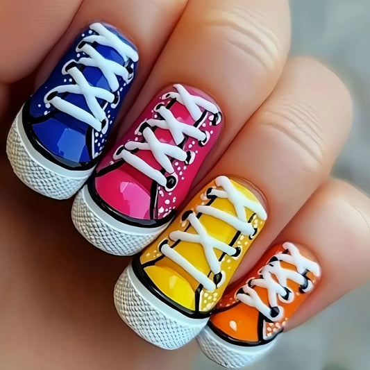 Y2K Colorful Square Press-On Nails - Medium Full-Cover Red Blue Rose & Orange Nail Tips