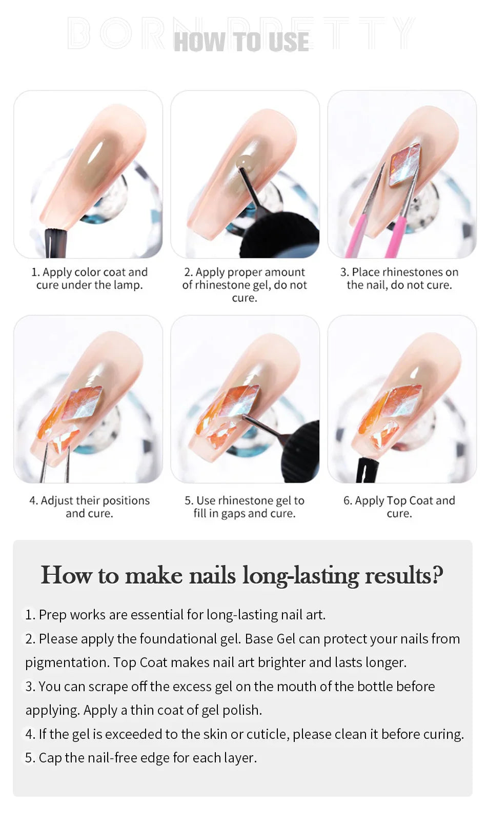 BORN PRETTY 10g Gel Nail Glue for Rhinestones - Super Adhesive, No Wipe Nail Gem Glue for 3D Crystals, Beads, Diamonds & Stickers