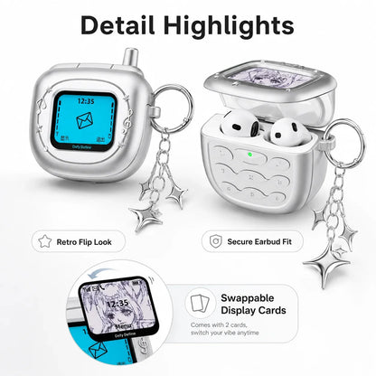 Retro Flip Phone AirPods Case - Y2K Matte Silver Earbuds Cover with Pendant Charm
