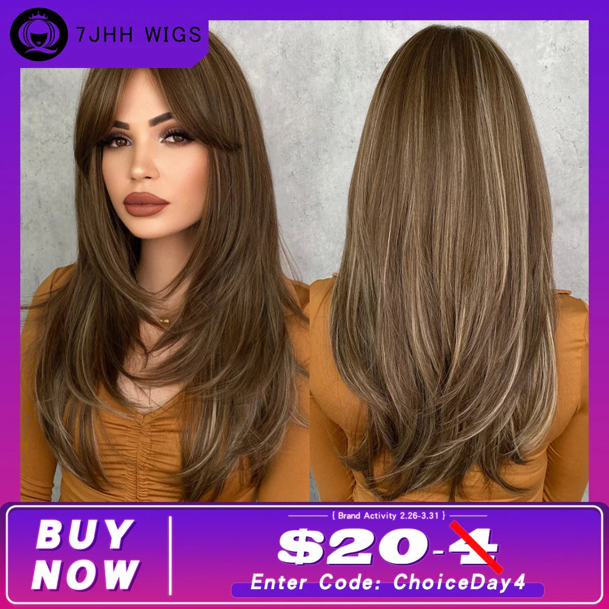 7JHH Honey Blonde Wig with Bangs - Long Brown Layered Heat Resistant Synthetic Wig for Women, Daily Use