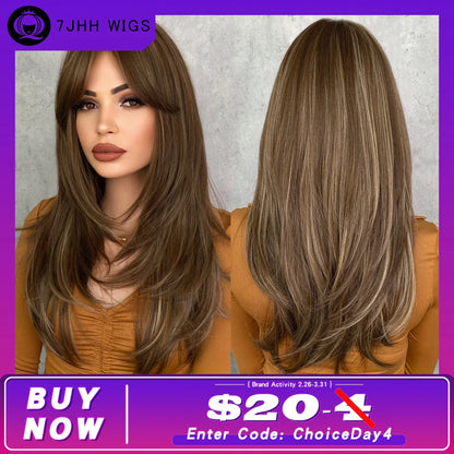 7JHH Honey Blonde Wig with Bangs - Long Brown Layered Heat Resistant Synthetic Wig for Women, Daily Use