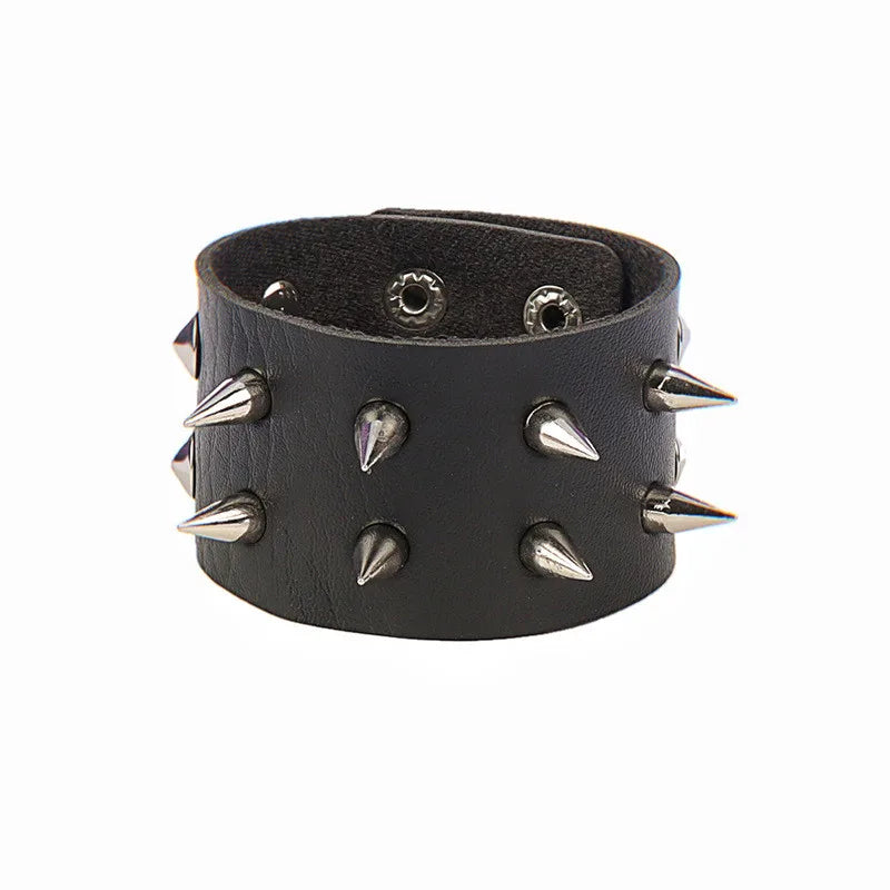 90s Punk Style Bracelet – PU Leather with 3 Rows of Spikes & Square Studs, Fashion Bangle for 2024