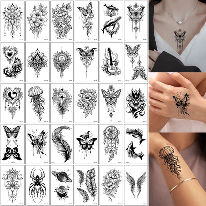 30pcs Black Temporary Tattoo Stickers - Flower Butterfly Rose Moon Star Mandala Designs for Hand, Chest & Body Art