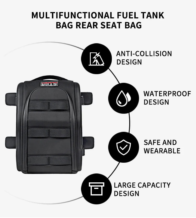 Waterproof Motorcycle Seat Back Bag – Large Capacity Hard Tail Box Luggage for Racing & Riding, Black Fuel Tank Motorbike Storage
