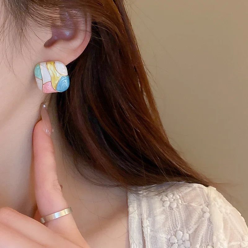 Colorful Square Patchwork Stud Earrings – Romantic Ear Jewelry for Women Christmas Gift