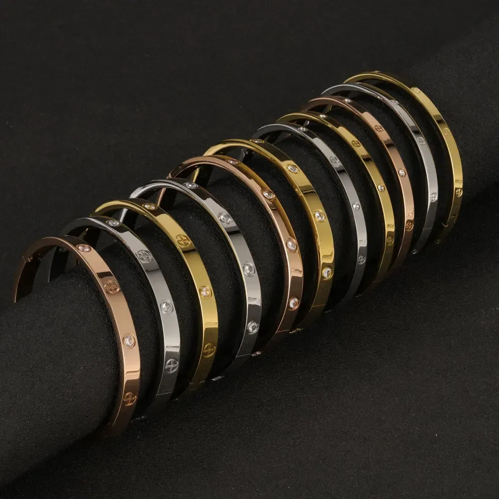 Stainless Steel Cuff Bracelet — Crystal Charm Bangle for Women, Fashion Jewelry