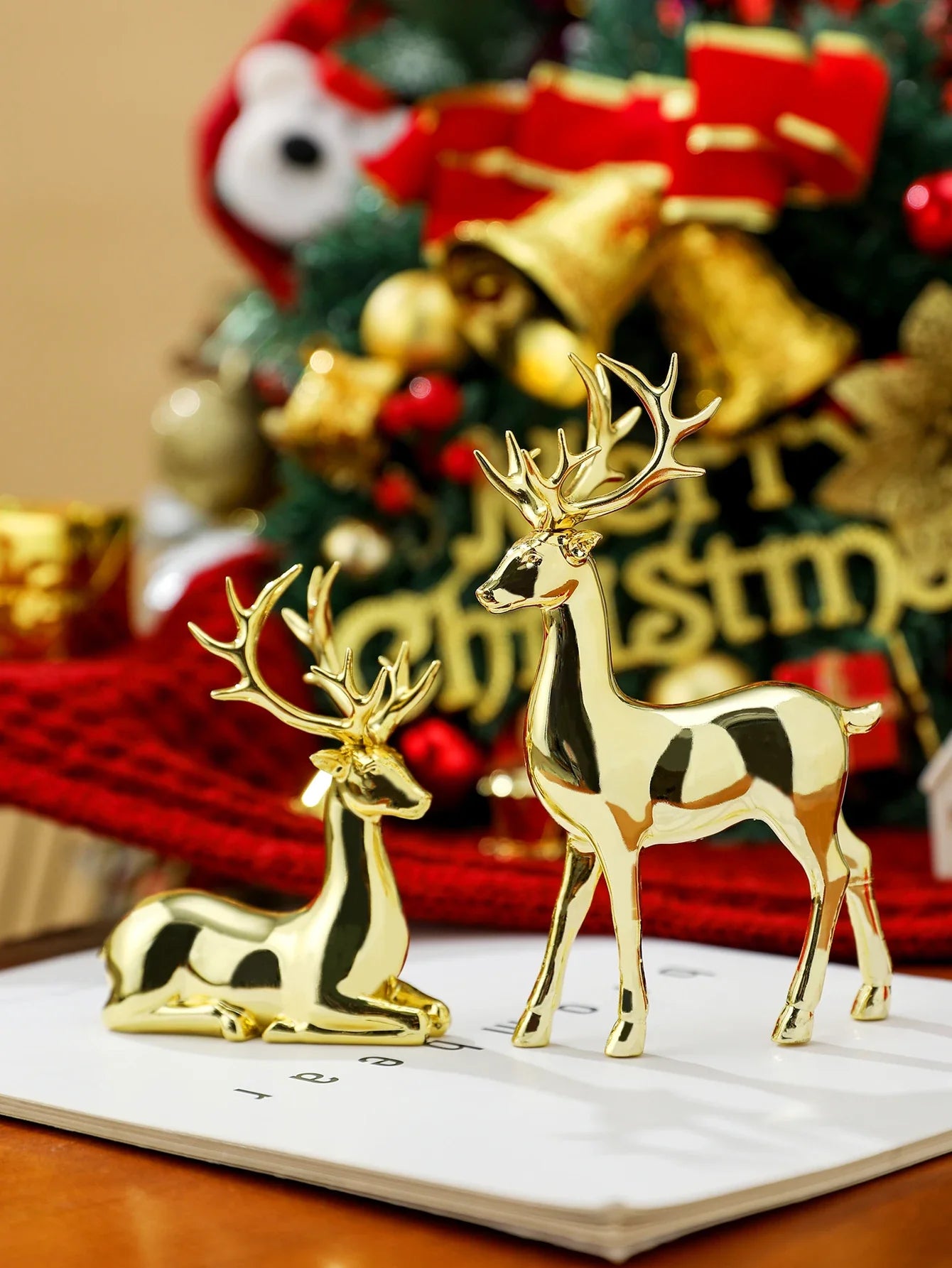 2-Piece Reindeer Christmas Table Decor – Small Rustic Indoor Xmas Holiday Statues for Home