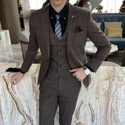 Men’s British Korean Plaid Three-Piece Suit – Stylish Business Casual Set with Blazer, Vest & Trousers
