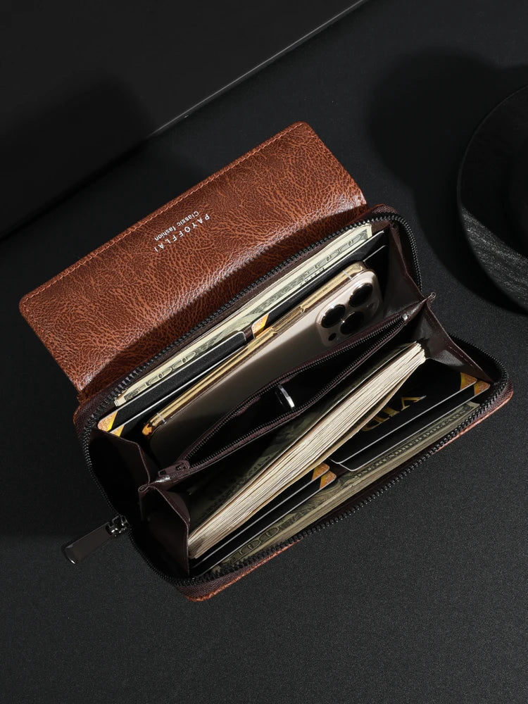 Men's PU Leather Zipper Wallet – Large Capacity Clutch Bag with Phone Holder, Card Slots & Coin Pocket