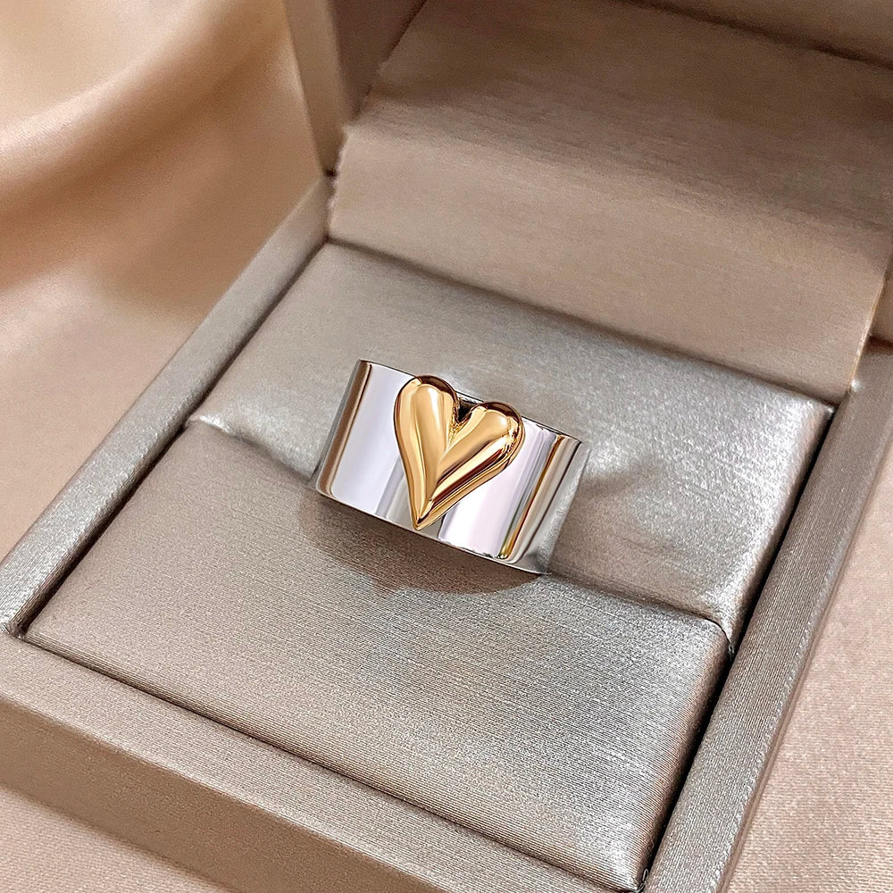 Greatera Stainless Steel Heart Cuff Ring – Wide Thick Statement Jewelry for Women & Men, European American Style