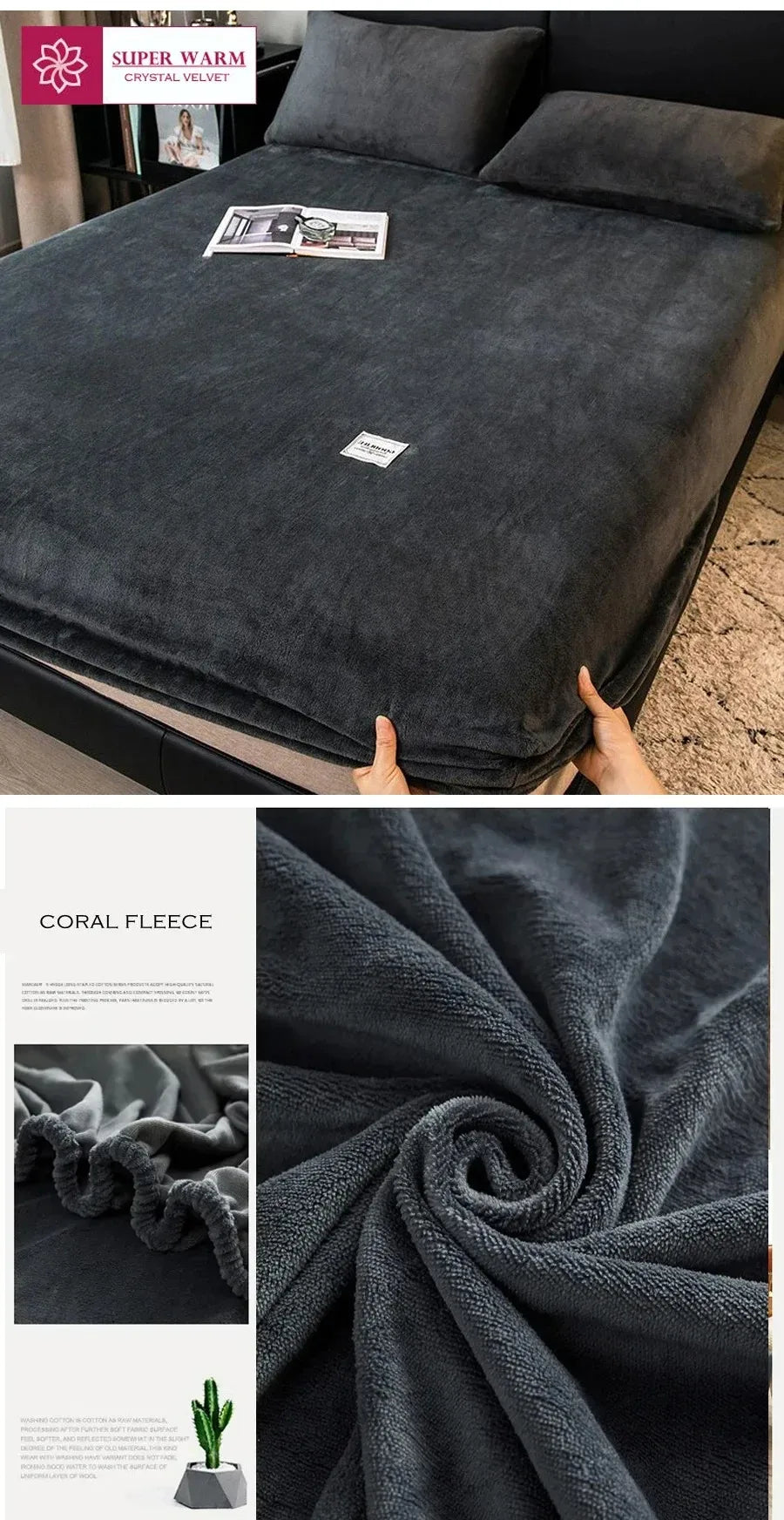 Soft Warm Plush Fitted Sheet – Elastic Coral Fleece Mattress Cover for Winter, Luxury Double Bed Bedding