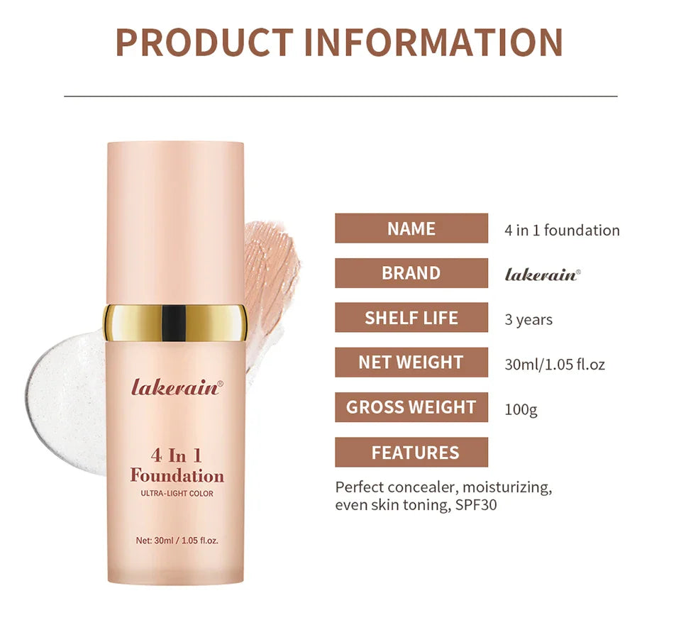 Color-Changing 4-in-1 Foundation – Moisturizing SPF 30+ Longwear Waterproof Makeup Base for Hydrating Travel Coverage