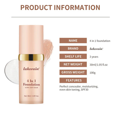 Color-Changing 4-in-1 Foundation – Moisturizing SPF 30+ Longwear Waterproof Makeup Base for Hydrating Travel Coverage