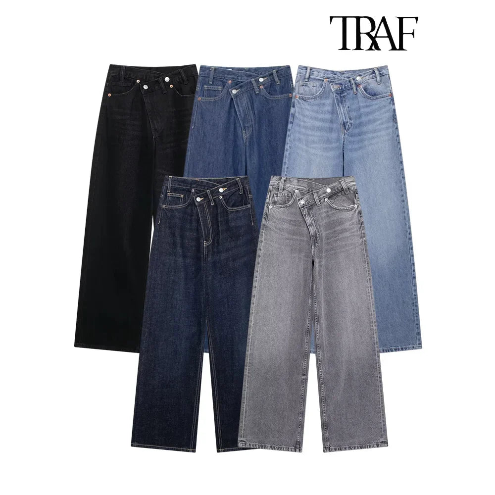 TRAF Women’s Basic Hundred Jeans — High Waist Asymmetric Wide-Leg Trousers, Casual Straight-Leg Fashion Jeans