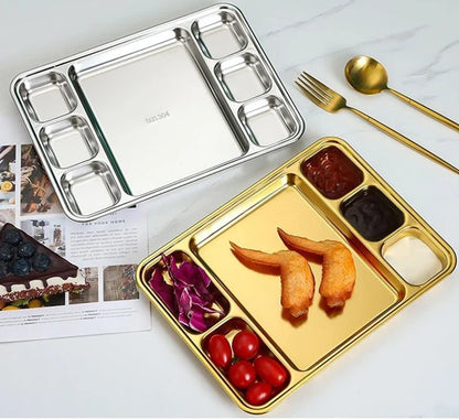 Gold Stainless Steel Divided Dining Plate – Compartment Food Serving Tray Kitchen Tableware