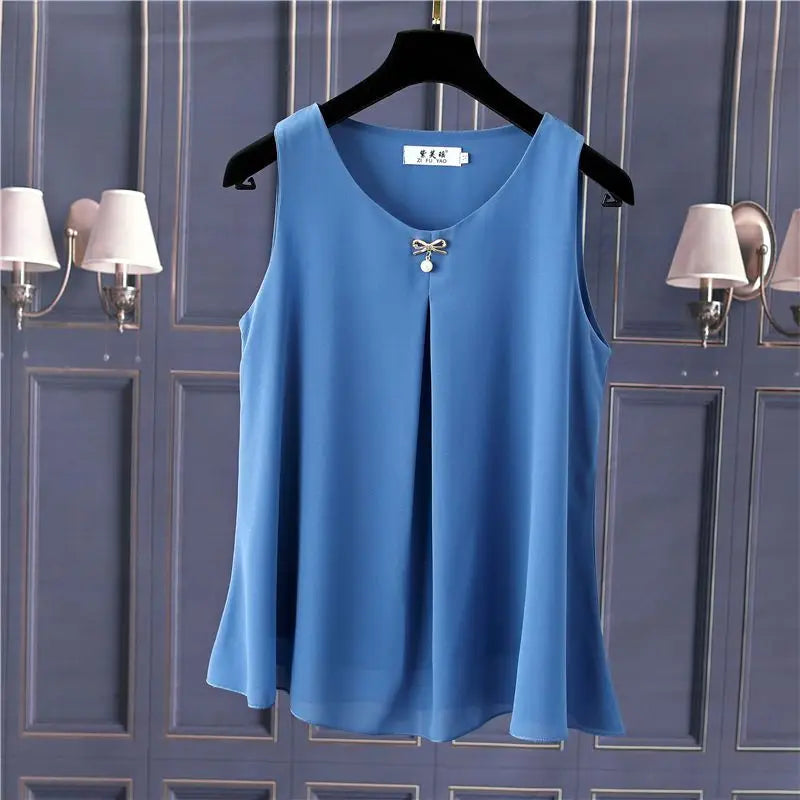 Women's Chiffon V Neck Blouse - Loose Sleeveless Plus Size Fashion Top M-5XL