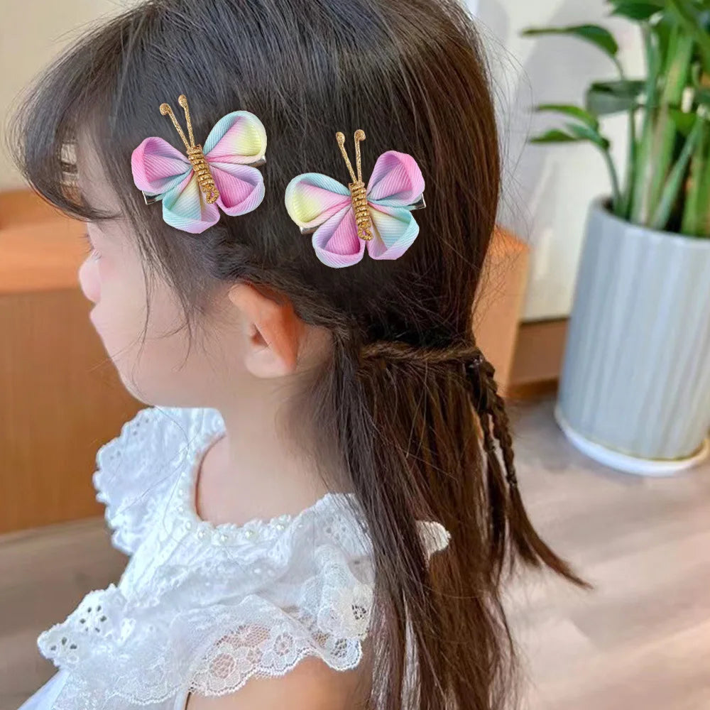 Butterfly Hair Clips with Gold Flocking - 2-Piece Gradient Gauze Hairpins for Girls