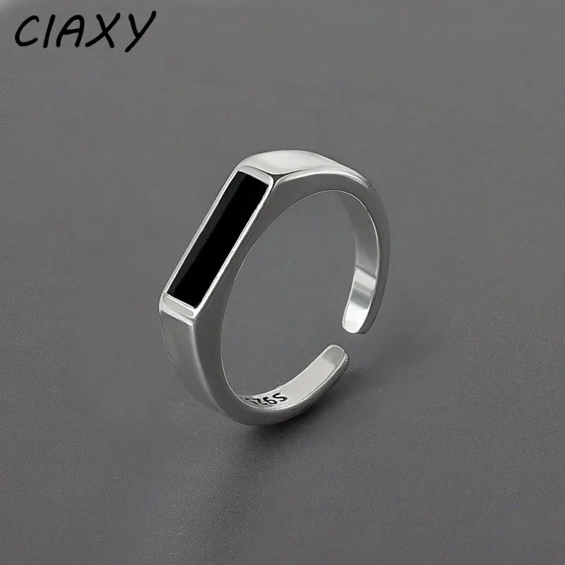 CIAXY Geometric Black Rectangular Ring - Adjustable Unisex Silver-Tone Fashion Jewelry
