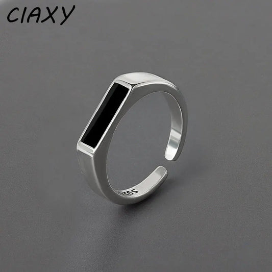 CIAXY Geometric Black Rectangular Ring - Adjustable Unisex Silver-Tone Fashion Jewelry