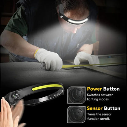 USB Rechargeable LED Sensor Headlamp - XPE + COB Head Torch Flashlight for Camping, Fishing & Outdoor Search Lighting