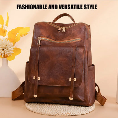Trendy Women's Vintage PU Leather Backpack - Brown Daypack, Casual Travel and Retro Student School Bag