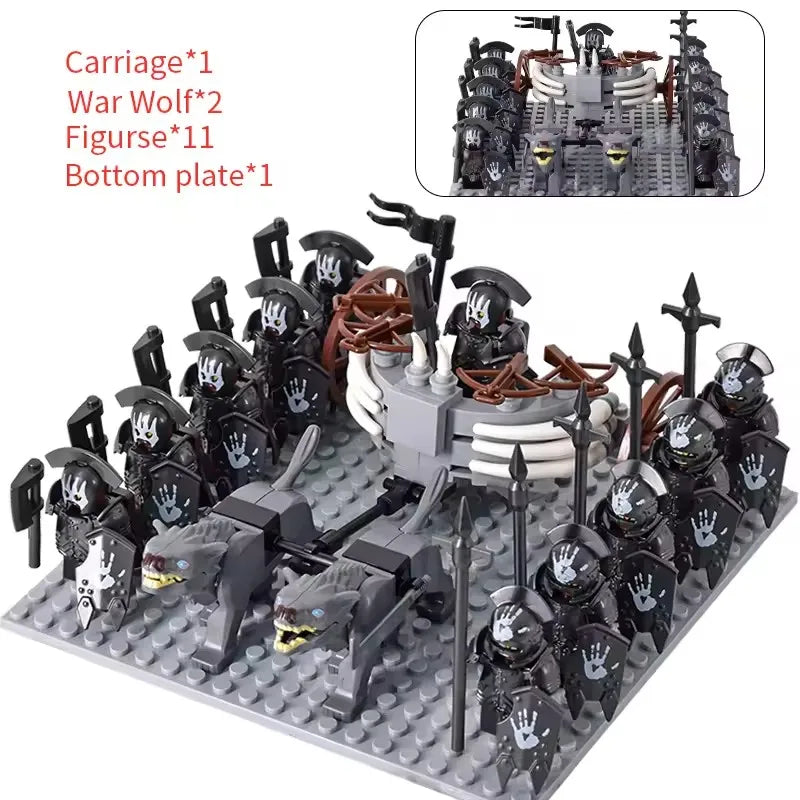 MOC Medieval LOTR Figures — Black Wolves & Mounted Chariots Action Dolls, Assembled Brick Building Blocks Toy